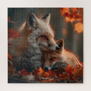Heartwarming Red Fox Pair in Autumn Forest Leaves Jigsaw Puzzle