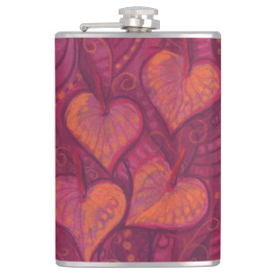 Hearty Flowers, floral hearts, pink, red & orange Hip Flask