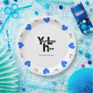 Hearty Hearts Blue - Custom Text and Logo Paper Plate
