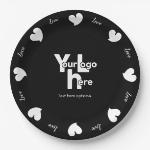 Hearty Hearts White and Black-Custom Text and Logo Paper Plate