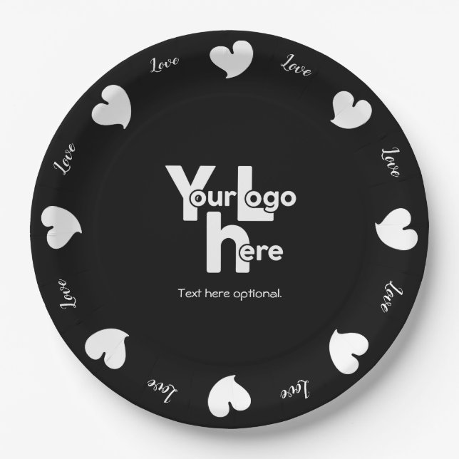 Hearty Hearts White and Black-Custom Text and Logo Paper Plate (Front)