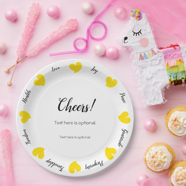 Hearty Hearts Yellow - Custom Text Centre Paper Plate (Party)