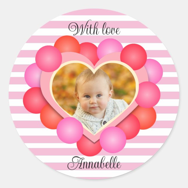 Hearty Valentine Photo Frame  Classic Round Sticke Sticker (Front)