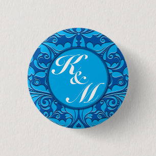 HeartyParty Cobalt Blue & Turquoise Damask Heart 1 Inch Round Button