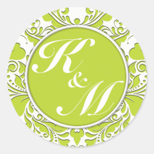 HeartyParty Lime Green And White Damask Heart Classic Round Sticker