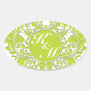 HeartyParty Lime Green And White Damask Heart Oval Sticker