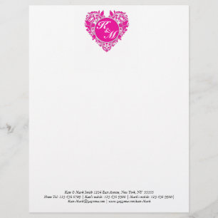HeartyParty Pink Magenta And White Damask Heart Letterhead