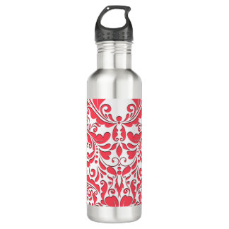 HeartyParty Raspberry Red And White Damask Heart 710 Ml Water Bottle