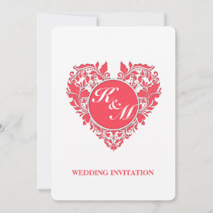 HeartyParty Raspberry Red And White Damask Heart Invitation