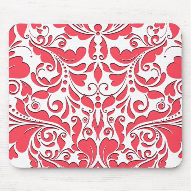 HeartyParty Raspberry Red & White Damask Heart Mouse Pad (Front)