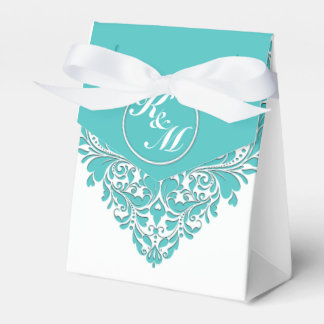 HeartyParty Turquoise blue And White Damask Heart Favor Box