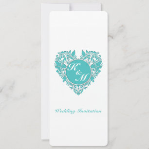 HeartyParty Turquoise blue And White Damask Heart Invitation