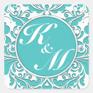 HeartyParty Turquoise blue And White Damask Heart Square Sticker