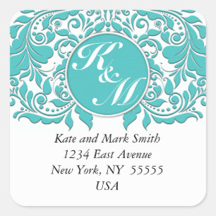 HeartyParty Turquoise blue And White Damask Heart Square Sticker