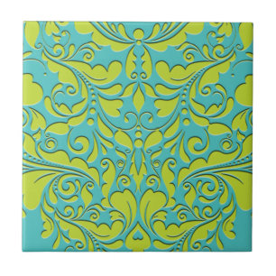 HeartyParty Turquoise & Lime Damask Heart Tile