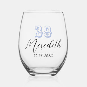 Heather Birthday Number   Black Name Date Stemless Wine Glass