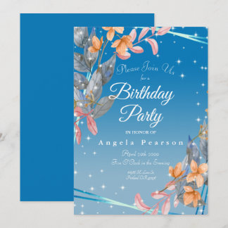 Heather Blue Watercolor Flowers Birthday Party Invitation
