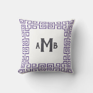 Heather Chinoiserie Greek Key Border Monogram Throw Pillow