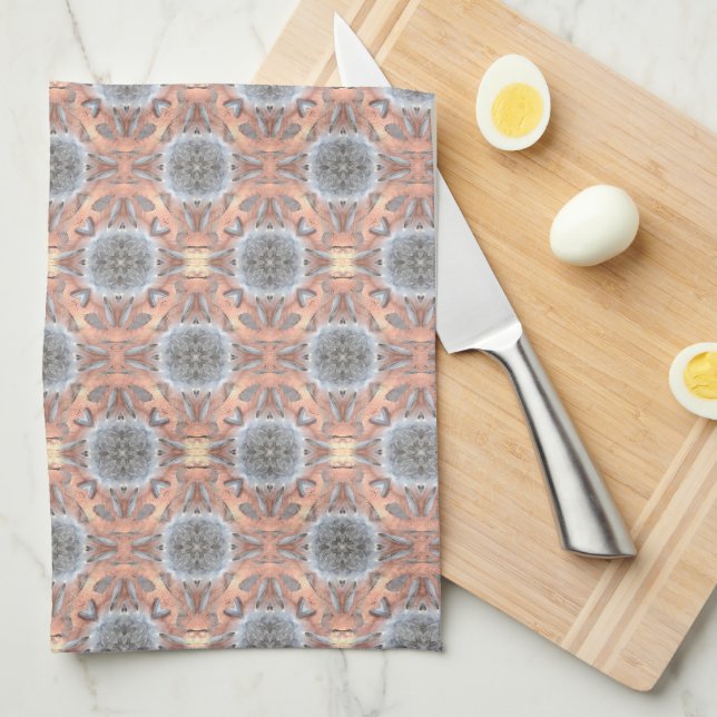 Heather Grey Abstract Flower Peach Lattice Fractal Kitchen Towel (Quarter Fold)