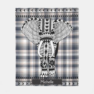 Heather Grey Cream Plaid Tribal Patterned Elephant Fleece Blanket