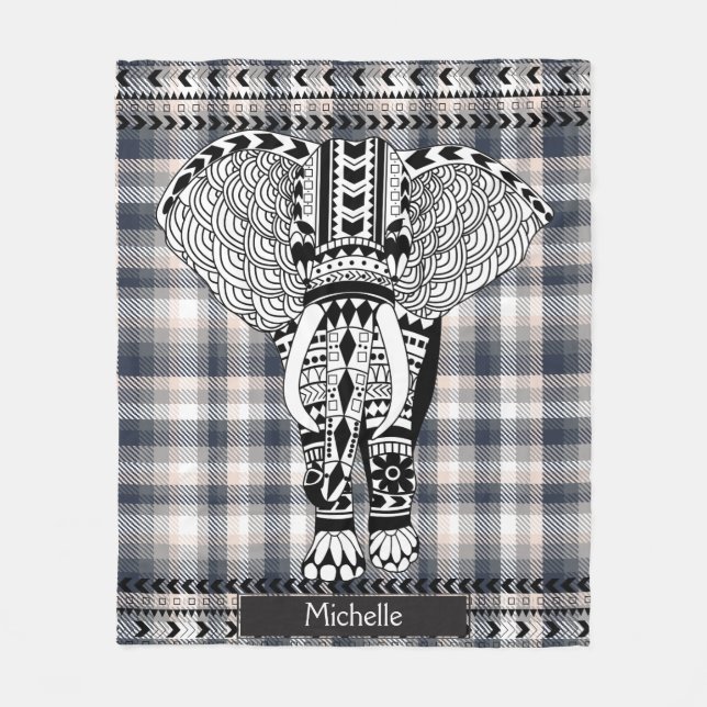 Heather Grey Cream Plaid Tribal Patterned Elephant Fleece Blanket (Front)