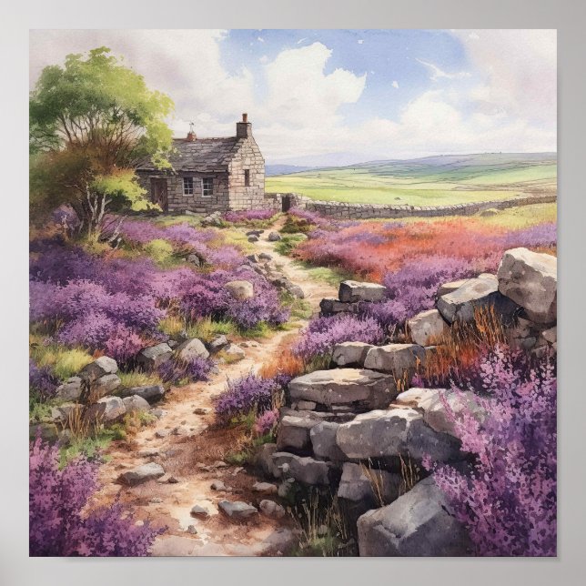 Heather Moorland And Stone House Landscape Poster (Front)