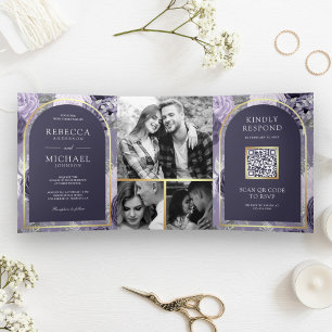 Heather Purple Floral Arch QR Code Wedding Tri-Fold Invitation