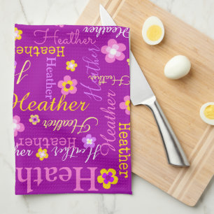 Heather text name purple flower kitchen towel
