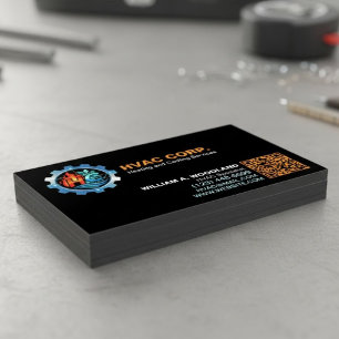 Heating and Cooling (Logo & Qr Code) Black HVAC Magnetic Business Card