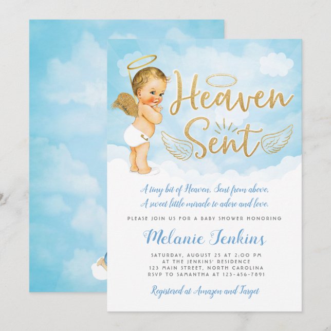Heaven envoyé Angel Boy Baby shower Invitation (Devant / Derrière)