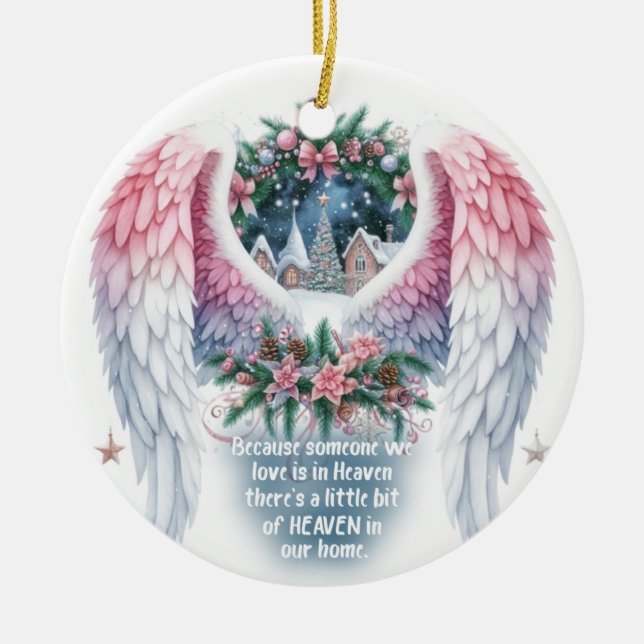 Heaven in our home Angel Wings Ceramic Ornament (Front)