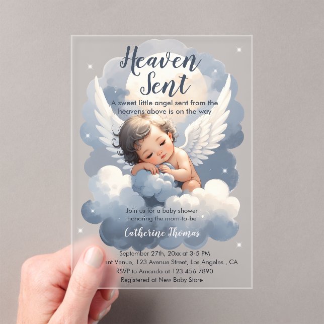 Heaven Sent Angel Baby In Clouds Baby Shower Acrylic Invitations (Insitu (Handheld))