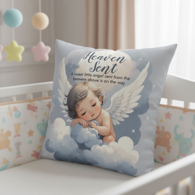 Heaven Sent Angel Baby In Clouds Baby Shower Throw Pillow (Creator Uploaded)