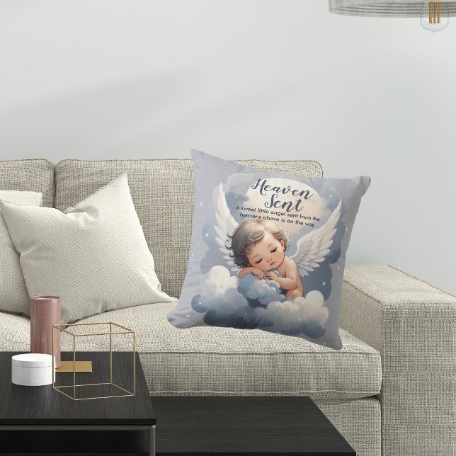 Heaven Sent Angel Baby In Clouds Baby Shower Throw Pillow (Creator Uploaded)
