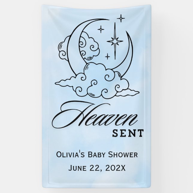 Heaven Sent Baby Shower Blue Moon Stars Banner (Vertical)
