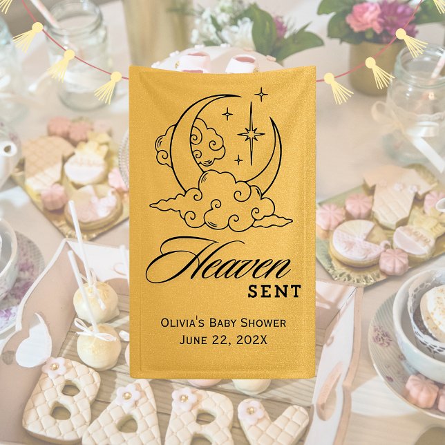 Heaven Sent Baby Shower Gold Moon Stars  Banner (Gold Heaven Sent Baby Shower Banner)