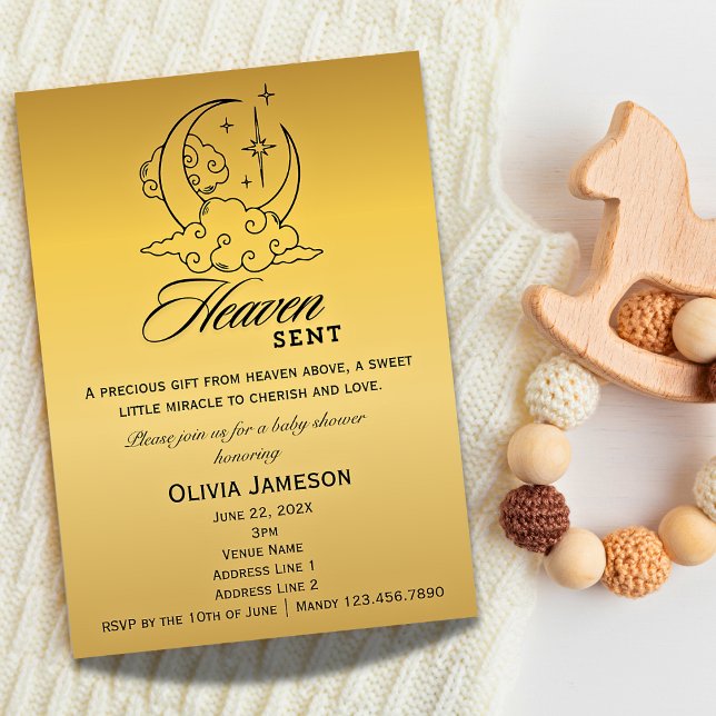 Heaven Sent Baby Shower Gold Moon Stars Invitation (Creator Uploaded)