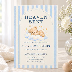 Heaven Sent Bear Blue Baby Shower Invitation