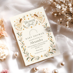 Heaven Sent Botanical Angel Baby Shower Invitation