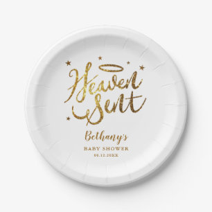 Heaven Sent Christian Theme Baby Shower Gold Paper Plate