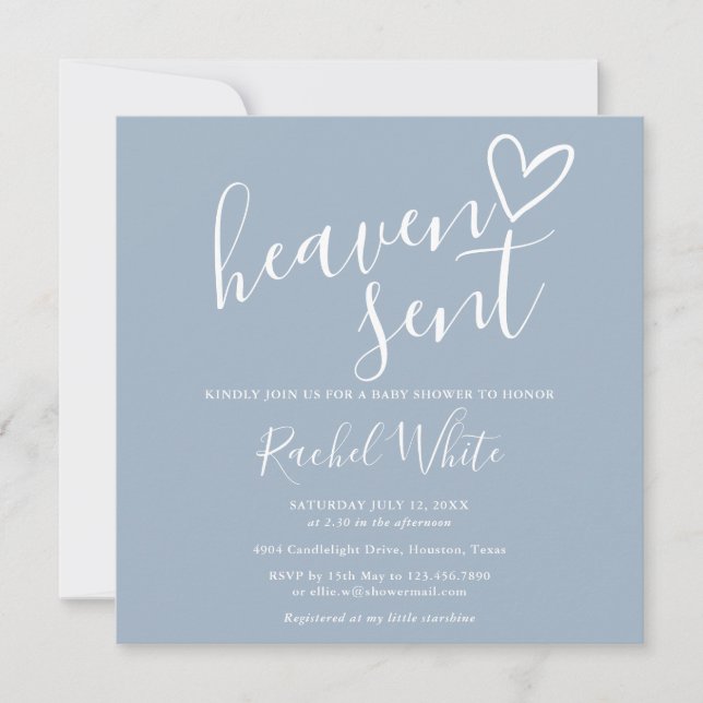Heaven Sent Dusty Blue Boy Baby Shower Invitation (Front)
