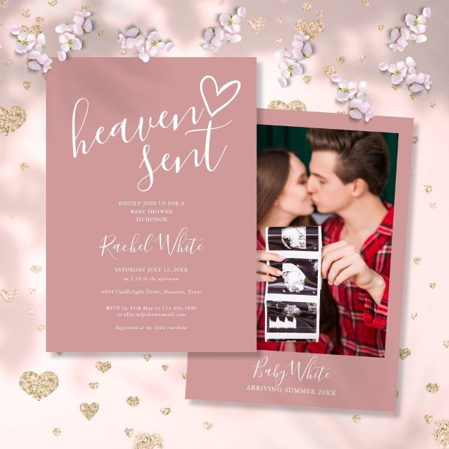 Heaven Sent Dusty Rose Pink Photo Girl Baby Shower Invitation (Heaven Sent Dusty Rose Pink Photo Girl Baby Shower Invitation)