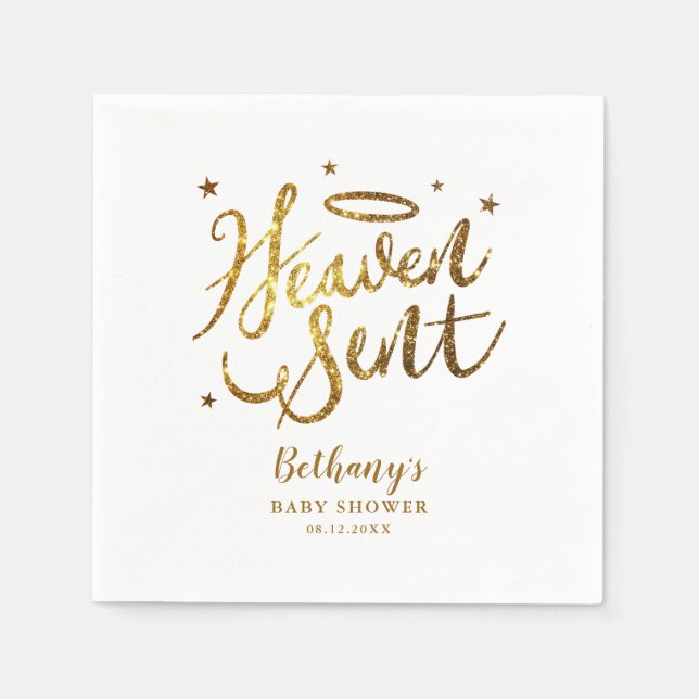 Heaven Sent Elegant Baby Shower Gold Glitter Napkin (Front)
