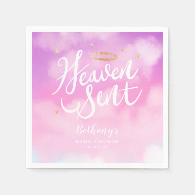 Heaven Sent Elegant Baby Shower Pink Napkin (Front)