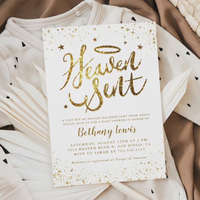 Heaven Sent Gold Gender Neutral Baby Shower Invitation (Creator Uploaded)