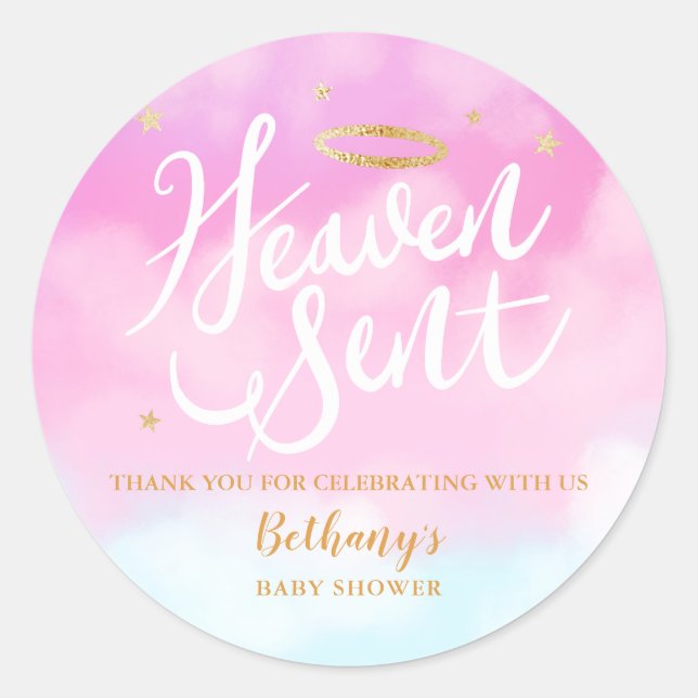 Heaven Sent Pink Baby Shower Favour Classic Round Sticker (Front)