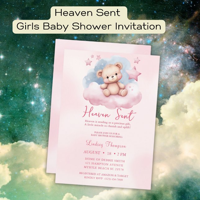 Heaven Sent Pink Bear Baby Shower Invitation (Creator Uploaded)