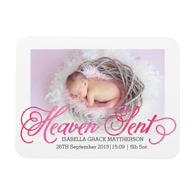 Heaven Sent Pink Watercolor Birth Announcement Magnet (Horizontal)