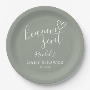 Heaven Sent Sage Green Gender Neutral Baby Shower Paper Plate