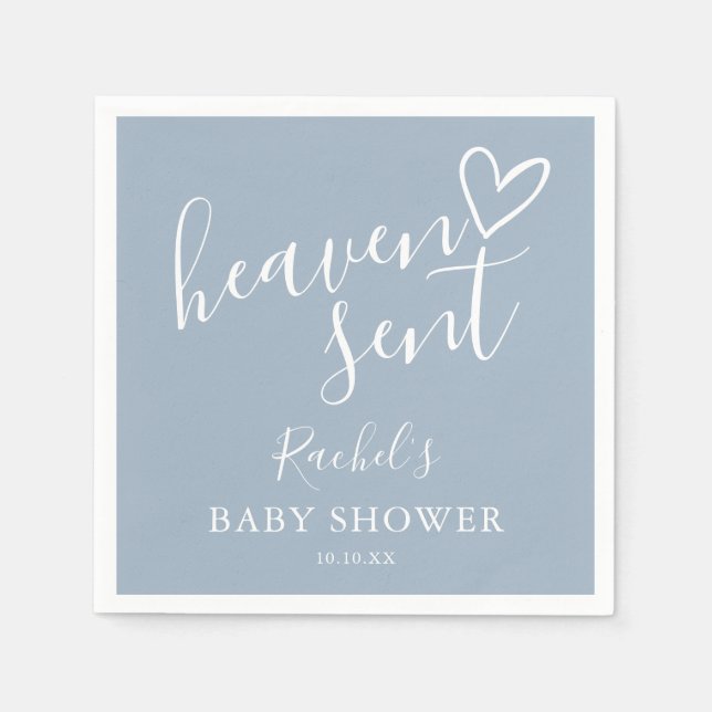 Heaven Sent Script Dusty Blue Boy Baby Shower Napkin (Front)